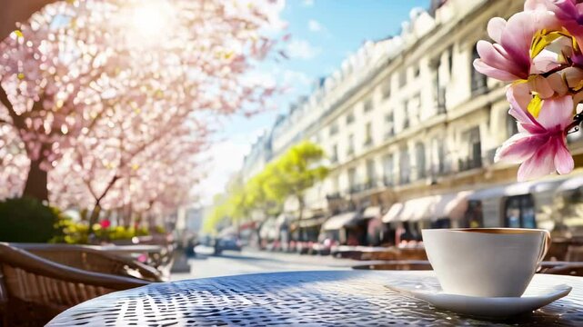 Enjoying a morning coffee among blooming magnolia trees in a sunny Parisian street