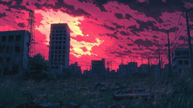 Post Apocalyptic Cityscape Under Crimson Sunset Sky