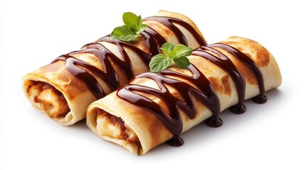 Close Up of Two Chocolate Crepes - Delicious chocolate crepes, drizzled with rich chocolate sauce, garnished with mint, symbolizing indulgence, sweetness, dessert, comfort food, and culinary artistry.
