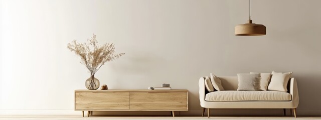 Modern minimalist living room, Scandinavian design, beige sofa, wooden sideboard, pendant lamp, neutral tones, clean lines, spacious interior, light and airy, potted plant, textured wall, cozy atmosph