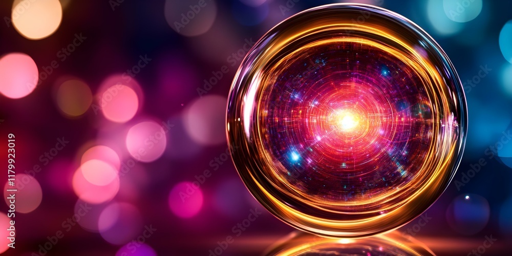 Poster a colorful, glowing orb with swirling patterns and vibrant lights on a blurred background of soft bo