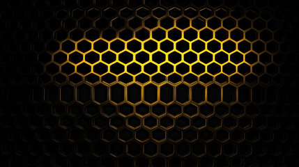 A close-up of a black honeycomb pattern with glowing orange edges.  illustration of a technology background hexagon glows neon line business background 