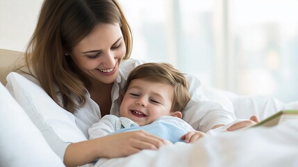 Obraz premium smiling mother tucking their child into bed, telling him bedtime stories