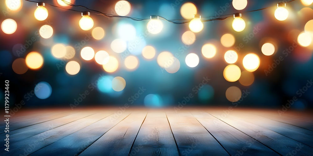 Poster a soft-focus background with colorful bokeh lights and a wooden surface in the foreground, creating 