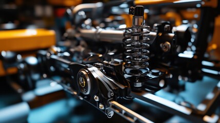 Fototapeta premium A detailed view of a car's fully assembled chassis and suspension, showcasing the intricate parts like struts, bushings, and axle for smooth performance.