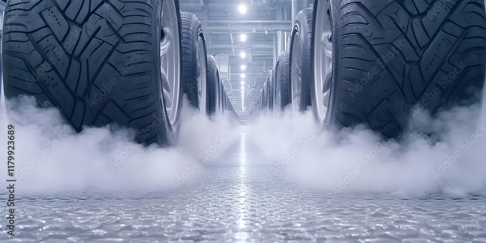 Aufkleber a row of tires with smoke or mist emerging in a well-lit industrial setting, creating a dynamic and 