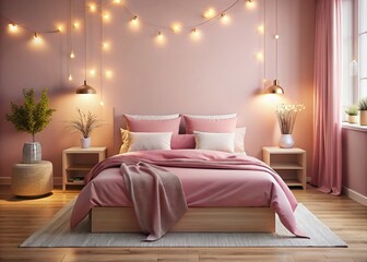 Fototapeta premium Minimalist Pink Bedroom: Comfortable & Stylish Full Bed Stock Photo