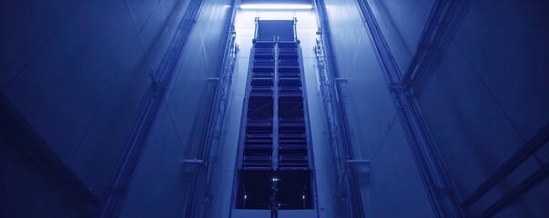Fototapeta premium Industrial setting with blue lighting and a vertical structure.