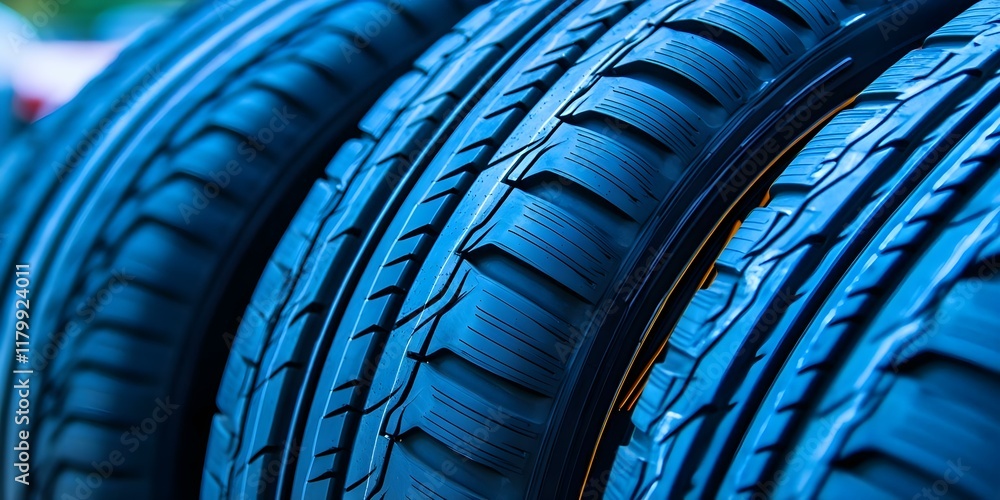 Poster close-up view of stacked tires showcasing tread patterns and rubber texture in a vibrant blue hue. c