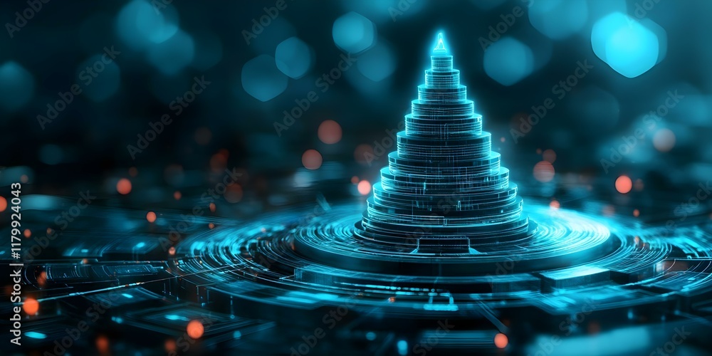 Poster a futuristic, glowing pyramid structure surrounded by intricate digital patterns and a blue, illumin