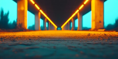 A perspective view of an open space under a bridge, featuring glowing orange lights and a colorful background. Concept Bridge Underpass, Glowing Orange Lights, Colorful Background, Urban Photography