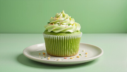 Green cupcake with frosting on a white plate, St. Patrick's Day theme