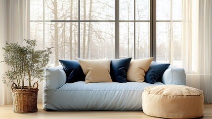 Fototapeta premium Cozy living room, large windows, natural light, potted tree, comfortable blue sofa, woven basket, throw pillows, minimalist interior, Scandinavian design, soft textures, tranquil atmosphere, muted col
