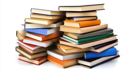 A neatly stacked pile of textbooks on a clean white surface, with soft natural light illuminating the covers, highlighting the variety of subjects and vibrant book titles.