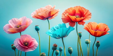 Fototapeta premium Minimalist Poppy Flower Bouquet, Blush Pink & Pale Blue Gradient Background - Stock Photo