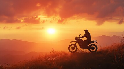 Silhouette of motorcyclist at sunset on mountain.