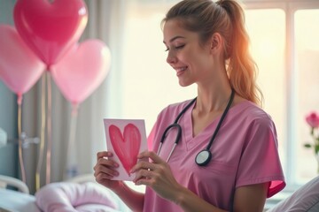 Nurse Valentine Moment. Healthcare worker in pink scrubs holding heart-shaped valentine card with stethoscope and balloons.