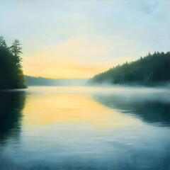 Obraz premium Serene Morning Escape: Nature's Calming Beauty at Sunrise Over Tranquil Waters