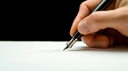 Close-up of a hand holding a pen while signing a formal document in an office setting
