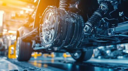 Fototapeta premium A professional shot of a car's full underbody, featuring the suspension system, drive shafts, and differential, illustrating robust support for efficient driving.