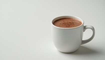 Single mug of hot chocolate against a clean, white background, emphasizing the texture and color. With copy space, 