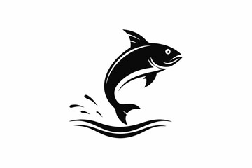 minimalist fish logo jumping out of water black silhouette white background. Fish jumps illustration black and white
