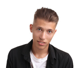 Fototapeta premium Confident young man with stylish haircut on white background