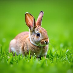 Obraz premium A small bunny lies on lush green grass with its front legs folded under its body, nature, pet, outdoors