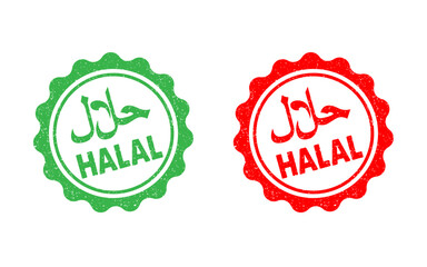 Obraz premium Halal arabic ink rubber stamp green red seal badge grunge effect tag vignette permited food goods products islamic finance business