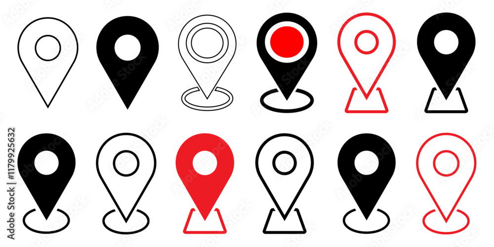 Poster location icon set map pointer pin sign symbol red black outline destination icon place address navig