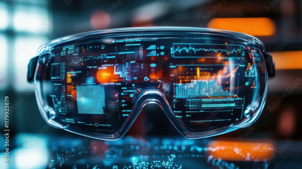 Poster futuristic smart glasses displaying manufacturing data and analytics in augmented reality, enhancing