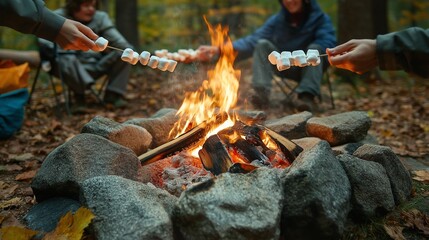 family camping trip, roasting marshmallows around a campfire and sharing ghost stories
