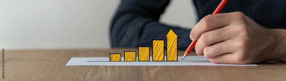 Poster a hand with a pencil drawing a colorful bar graph on paper, symbolizing growth and progress in a pro