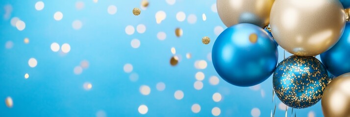 Elegant Blue and Gold Balloon Celebration - Festive blue and gold balloons, confetti, celebration, joy, luxury. Symbolizing happiness, success, elegance, and special occasion.