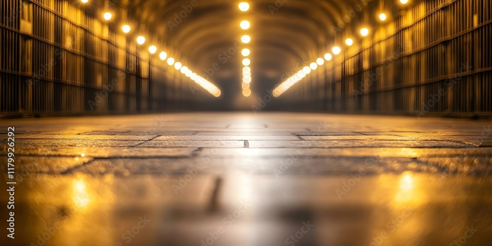 Poster a dimly lit tunnel with rows of shelves on either side and soft glowing lights creating an atmospher