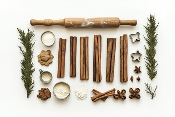 Christmas baking ingredients: flour, cinnamon sticks, star anise, cookie cutters, and rosemary...