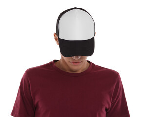 Man in stylish baseball cap on white background. Mockup for design
