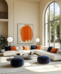 Minimalist living room, arched windows, white walls, orange abstract artwork, round ottoman, low profile sofa, potted plants, natural light, geometric shapes, modern interior design, warm color accent