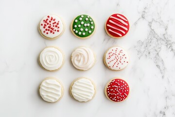 Nine assorted Christmas cookies with various festive icing designs.