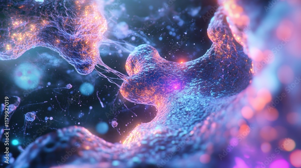 Poster microscopic view of manufacturing nanobots creating a complex structure, with glowing lights and int