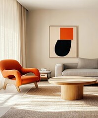 Modern minimalist living room, abstract geometric artwork, orange accent chair, gray sofa, wooden coffee table, neutral tones, clean lines, sleek design, uncluttered space, contemporary interior, brig