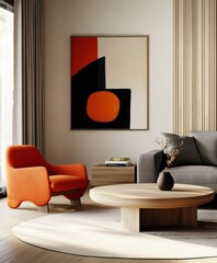 Modern minimalist living room, abstract geometric artwork, orange accent chair, gray sofa, wooden coffee table, neutral tones, clean lines, sleek design, uncluttered space, contemporary interior, brig