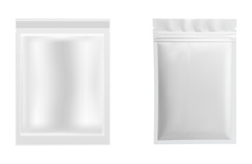Facial mask foil packaging vector mockup. Cosmetic product sachet design, realistic plastic packet sample. Clear zipper collagen mask advertising product packaging, paper bag