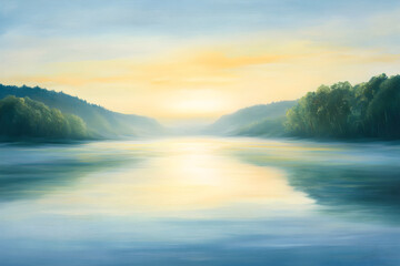 Fototapeta premium Serene Morning Escape: Nature's Calming Beauty at Sunrise Over Tranquil Waters