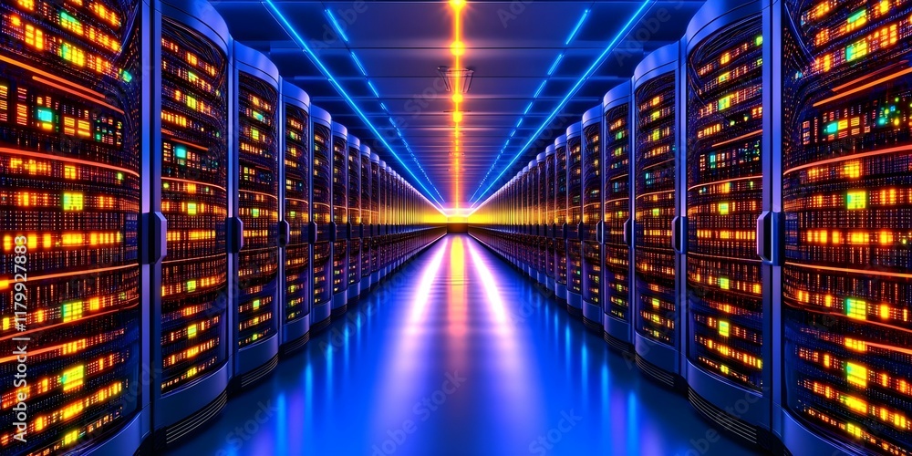 Poster a futuristic server room with rows of servers illuminated by colorful lights, creating a sleek and h