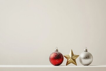 Red and silver Christmas baubles and a gold star ornament sit on a white surface against a...