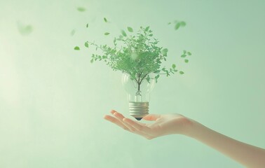 
Hand holding a light bulb with a tree inside and green leaves flying around on a pastel background, a concept of eco-friendly energy use for sustainable development, sharing Earth Day and environment