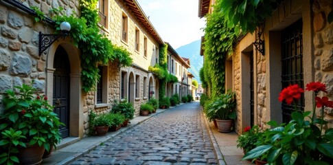 Fototapeta premium Cobblestone street lined with old stone buildings and overgrown vegetation, vegetation, cobblestone, buildings