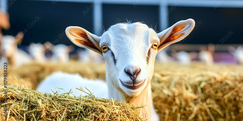 Poster a close-up of a smiling goat with straw in the background, showcasing its friendly expression and br