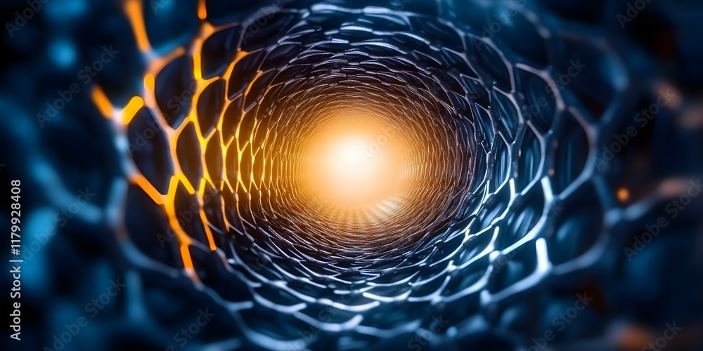 Poster a close-up view of a cylindrical structure resembling a molecular or atomic pattern, with an illumin